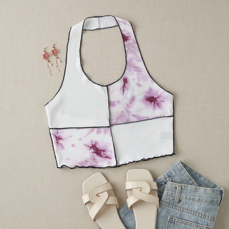 

Tie Dye Lettuce Trim Halter Top, Multicolor