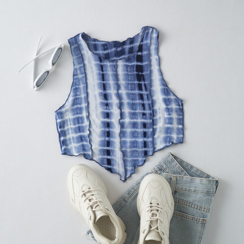 

Tie Dye Lettuce Trim Asymmetrical Hem Tank Top, Blue and white