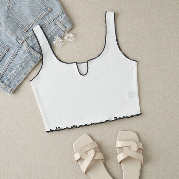 

Topstitching Lettuce Trim Crop Tank Top, White