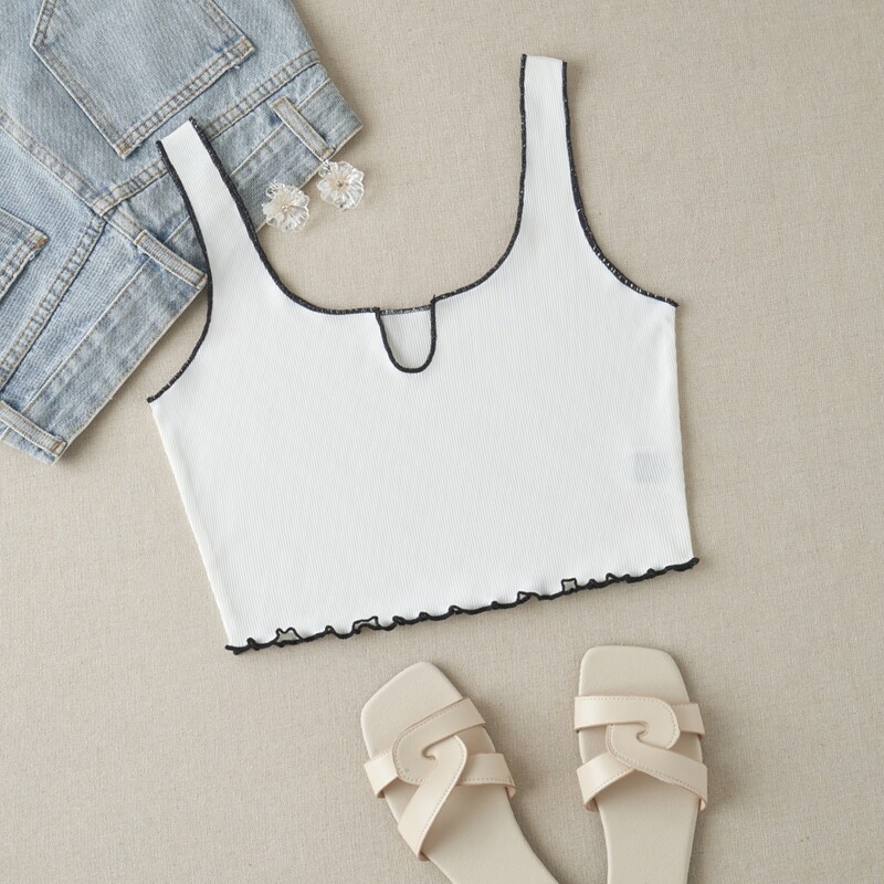 

Topstitching Lettuce Trim Crop Tank Top, White