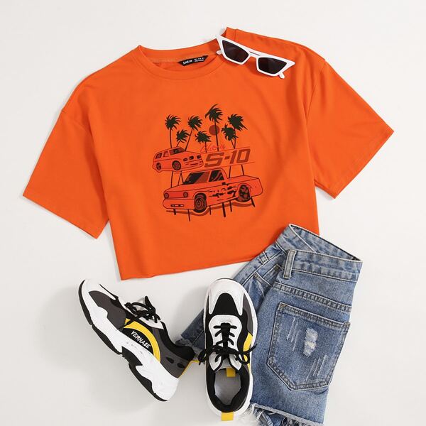 

Tropical & Car Print Drop Shoulder Tee, Orange