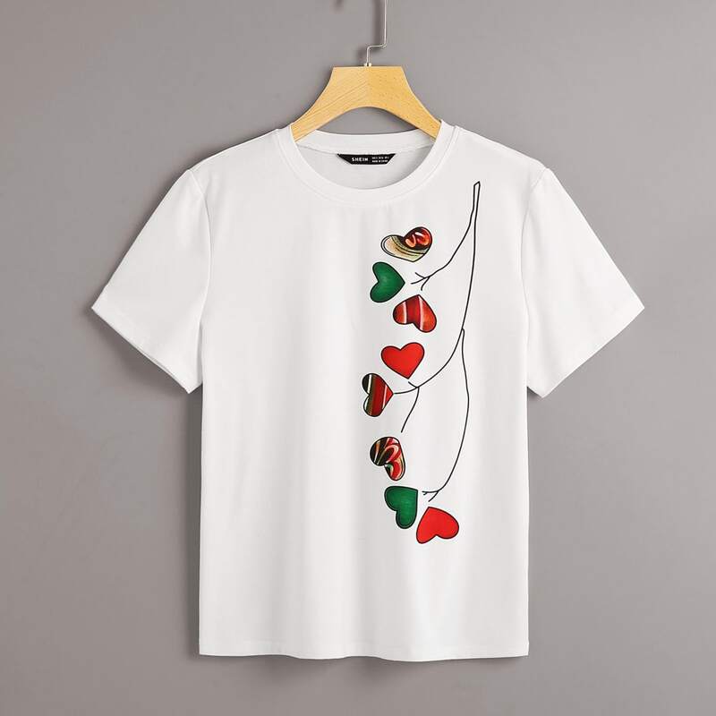 

Heart Print Round Neck Tee, White