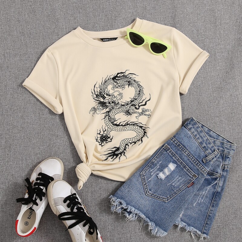

Chinese Dragon Print Tee, Beige