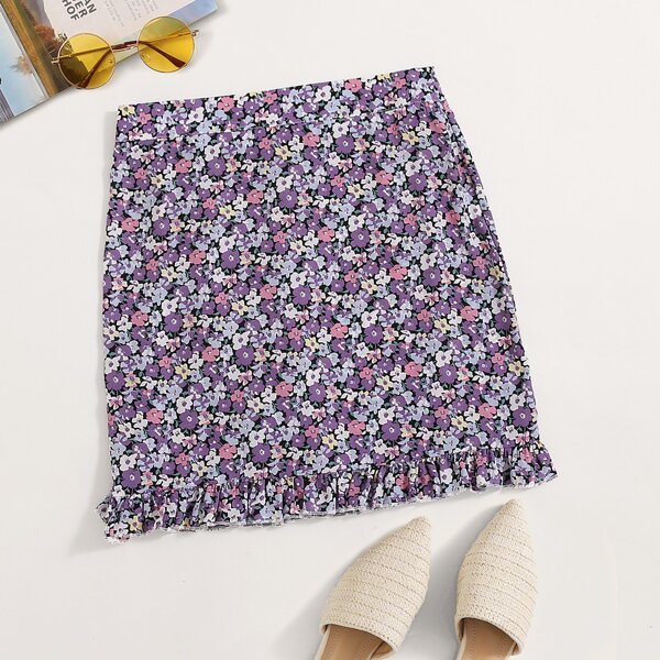 

Allover Floral Print Ruffle Hem Skirt, Multicolor