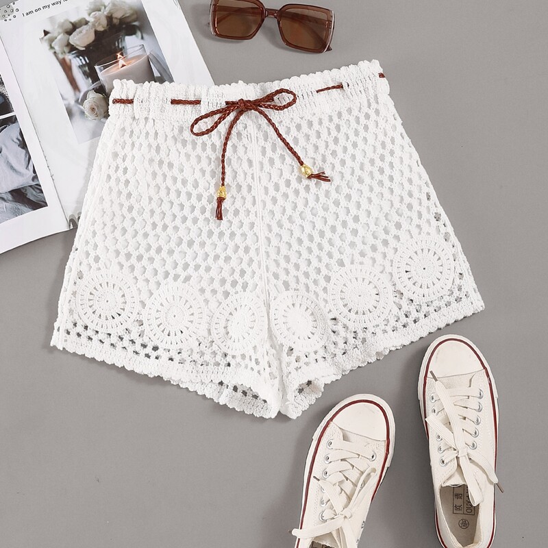 

Crochet Drawstring Waist Shorts, White