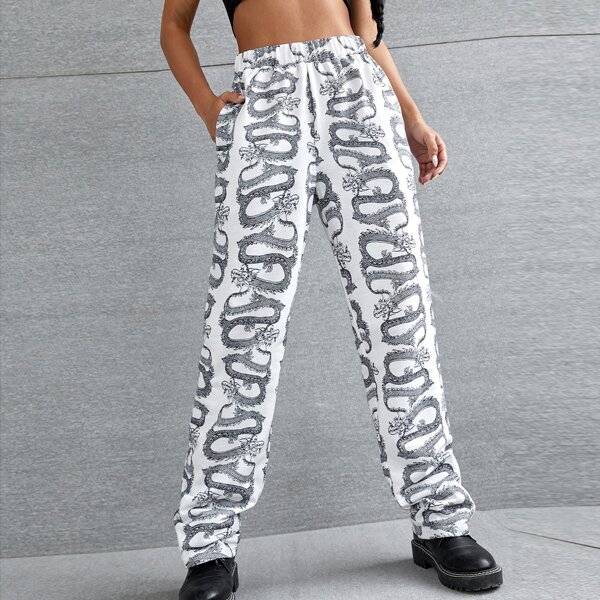 

Dragon Print Elastic Waist Pocket Pants, Multicolor