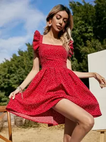 Soleia Polka Dot Ruffle Cuff A-line Dress - Red - View 1