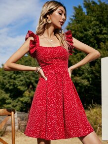 Soleia Polka Dot Ruffle Cuff A-line Dress - Red - View 3