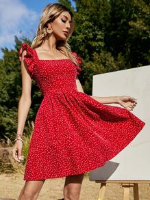 Soleia Polka Dot Ruffle Cuff A-line Dress - Red - View 4