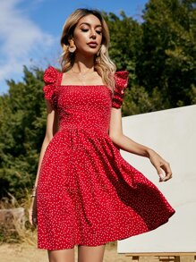 Soleia Polka Dot Ruffle Cuff A-line Dress - Red - View 5