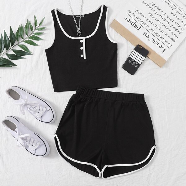 

Half Button Contrast Binding Tank Top & Track Shorts Set, Black