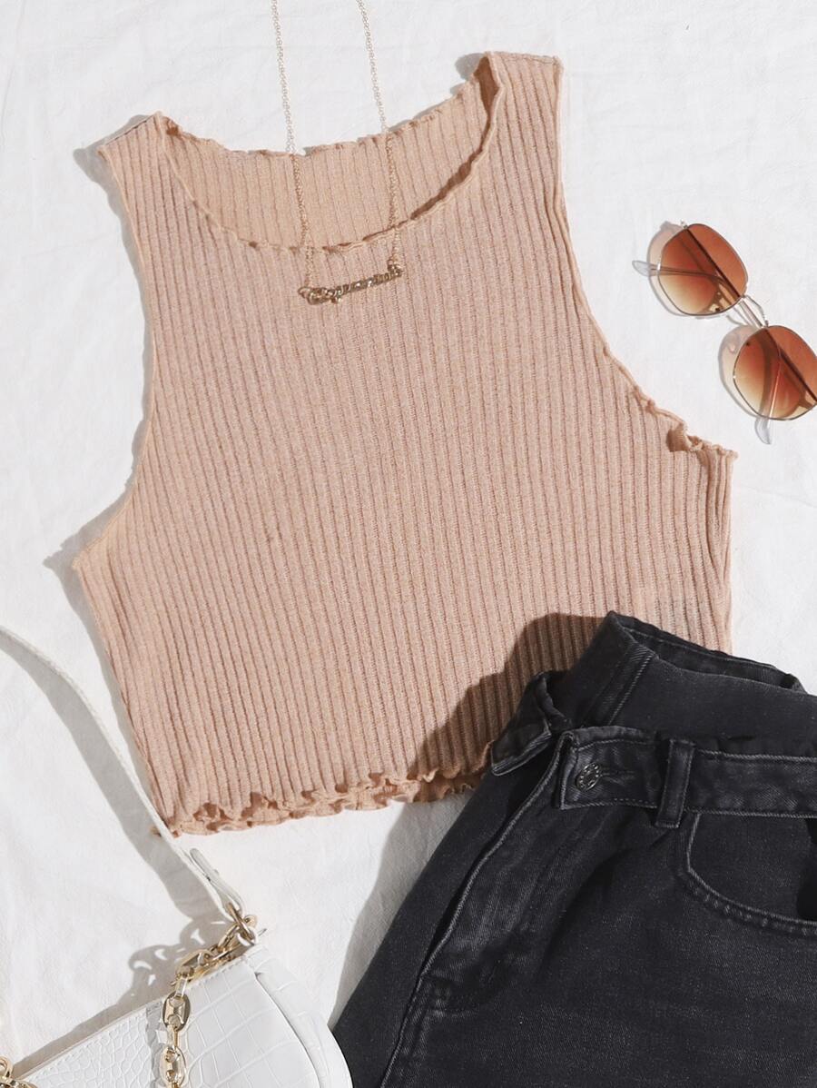 SHEIN EZwear Pola huruf bergaris tank top rajut - Aprikot - View 1