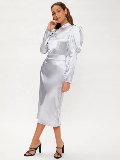 SHEIN Mock Neck Gigot Sleeve Satin Top & Split Hem Skirt Set