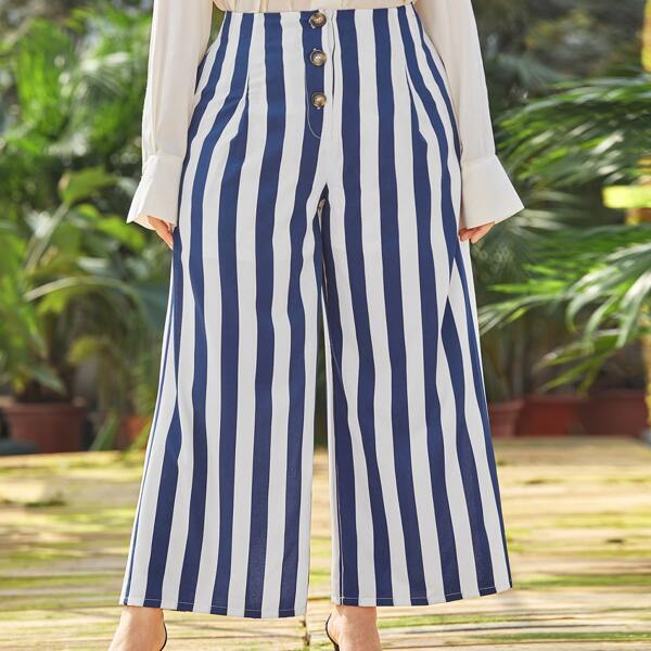 

Plus Vertical Striped Button Front Pants, Blue and white