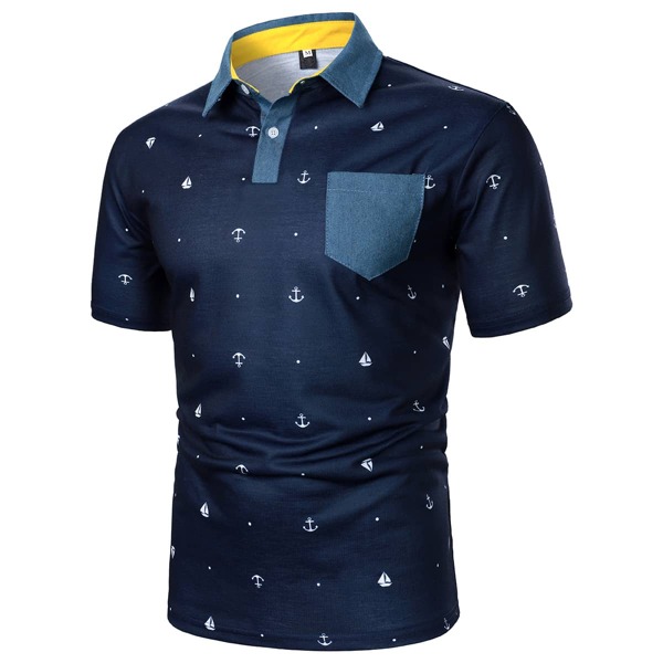 

Men Anchor Print Polo Shirt, Navy blue