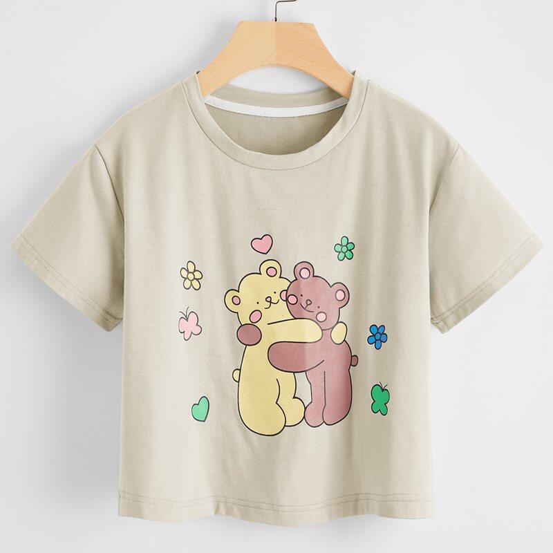 

Cartoon Bear Crop Tee, Light grey