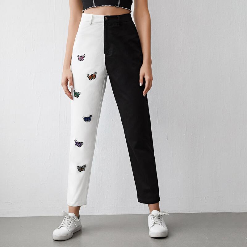 

Zipper Fly Butterfly Patched Two Tone Pants, Black and white