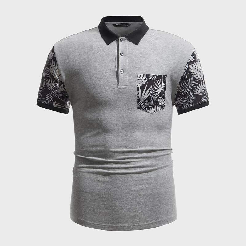 

Guys Tropical Print Panel Patch Pocket Polo Shirt, Grey