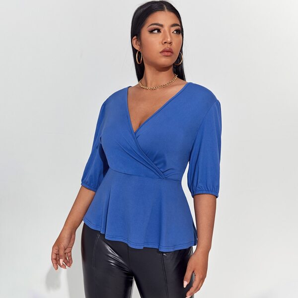 

Plus Solid Surplice Neck Tee, Blue