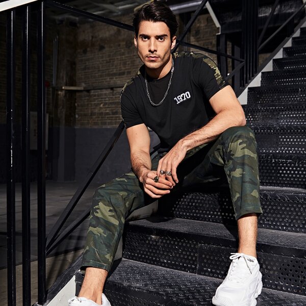 

Men Letter Patched Tee & Camo Flap Pocket Pants Set, Multicolor