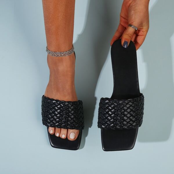

Solid Braided Slide Sandals, Black