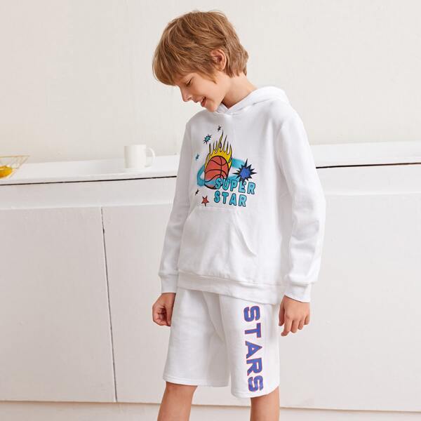 

Boys Letter Graphic Hoodie & Track Shorts Set, White