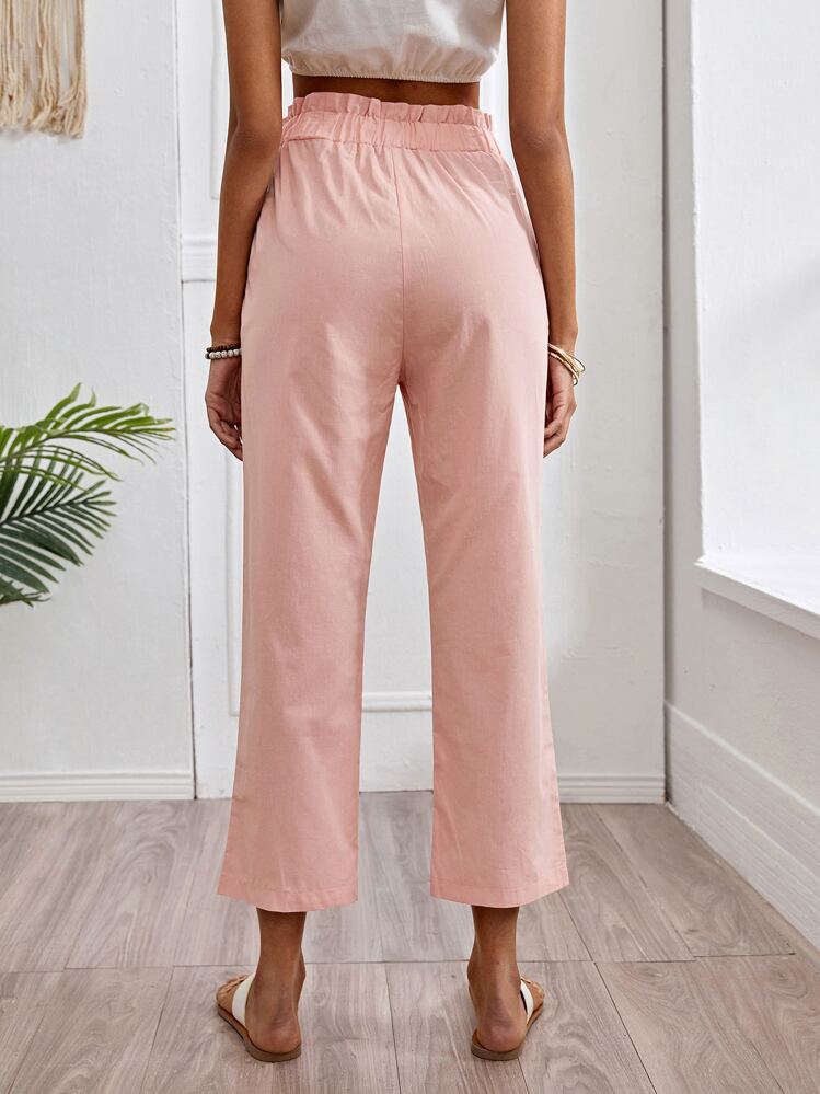 Pantalones con lazo delantero de pierna ancha de cintura con volante - Rosa coral - Ver 2