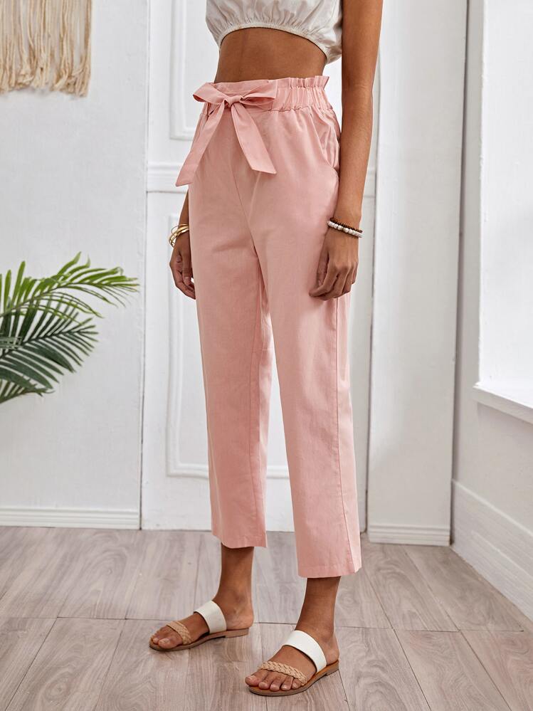 Pantalones con lazo delantero de pierna ancha de cintura con volante - Rosa coral - Ver 3