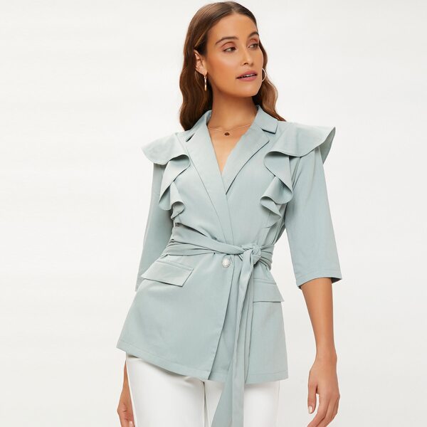 

Ruffle Trim Belted Blazer, Mint green