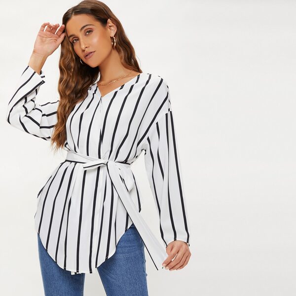 

Striped Drop Shoulder Belted Blouse, Black and white