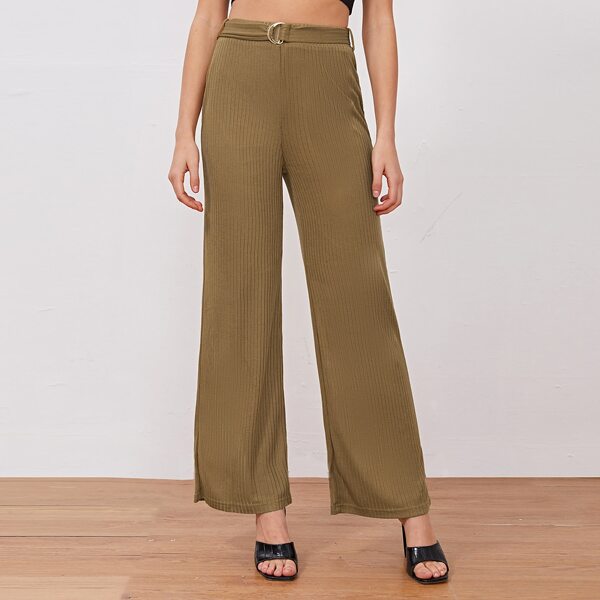 

Rib-knit Belted Solid Pants, Mustard yellow