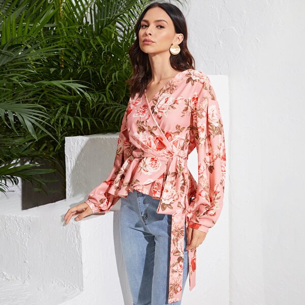 

Lantern Sleeve Wrap Belted Floral Top, Multicolor
