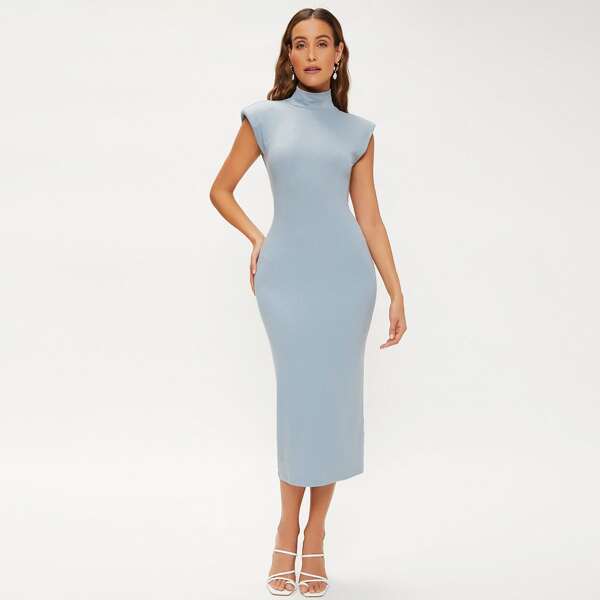 

Mock Neck Shoulder Padded Split Hem Dress Without Belt, Dusty blue
