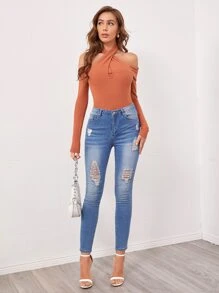 SHEIN Áo liền quần chặt màu trơn Giải trí - Màu Cam cháy - Xem 3