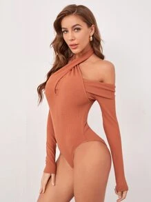 SHEIN Áo liền quần chặt màu trơn Giải trí - Màu Cam cháy - Xem 4