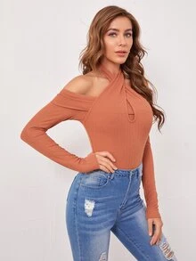 SHEIN Áo liền quần chặt màu trơn Giải trí - Màu Cam cháy - Xem 5