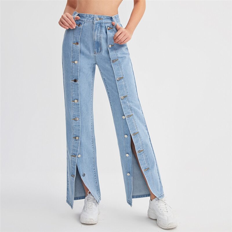 

High Waist Button Front Jeans, Light wash