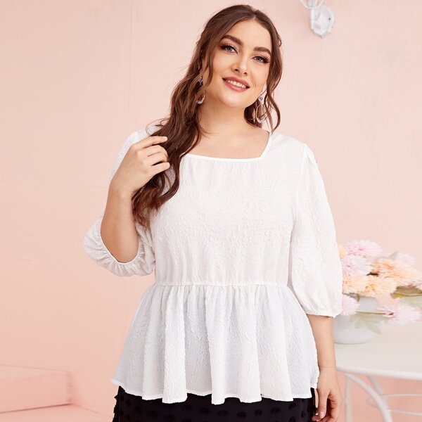

Plus Square Neck Lantern Sleeve Peplum Milkmaid Top, White
