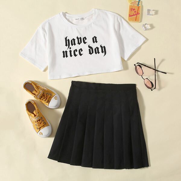 

Girls Slogan Graphic Top & Pleated Skirt Set, Black and white