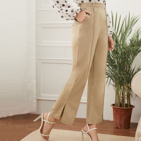 

Elastic Waist Split Hem Seam Front Flare Leg Pants, Khaki