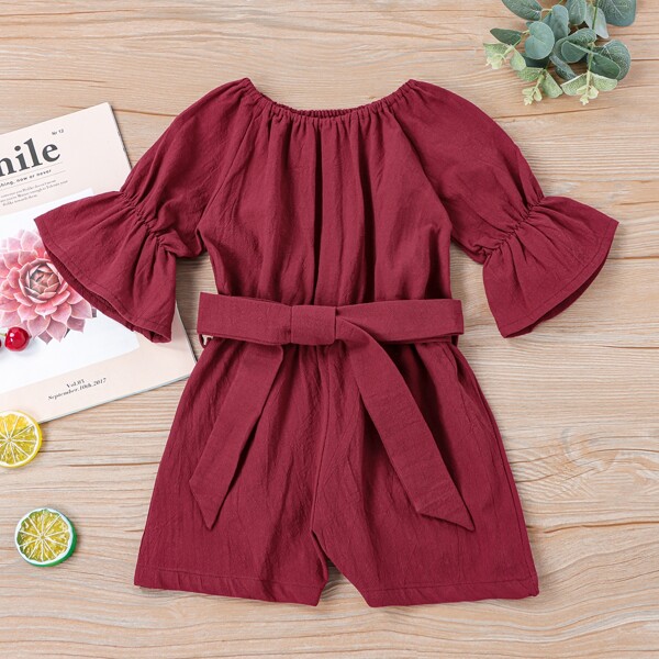 

Toddler Girls Flounce Sleeve Belted Romper, Burgundy
