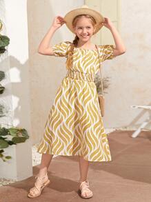 SHEIN Girls Off Shoulder Shirred Hem Leaf Print Top & Skirt Set - Multicolor - View 3