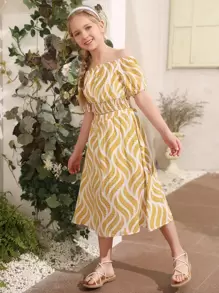 SHEIN Girls Off Shoulder Shirred Hem Leaf Print Top & Skirt Set - Multicolor - View 4