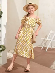 SHEIN Girls Off Shoulder Shirred Hem Leaf Print Top & Skirt Set - Multicolor - View 5