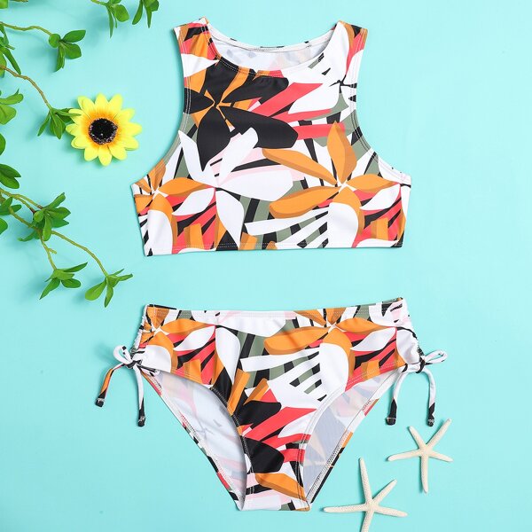 

Girls Random Leaf Print Tie Side Bikini Swimsuit, Multicolor