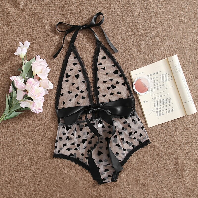 

Heart Sheer Mesh Belted Teddy Bodysuit, Black