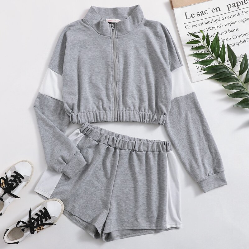 

Contrast Panel Shorts Lounge Set, Grey