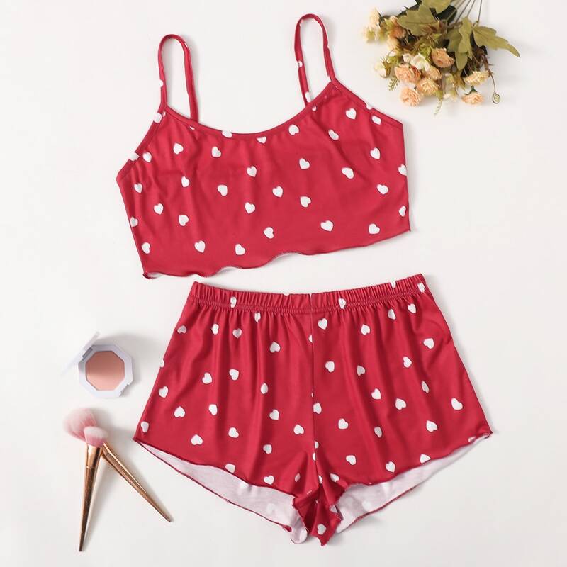 

Heart Print Cami & Shorts PJ Set, Red