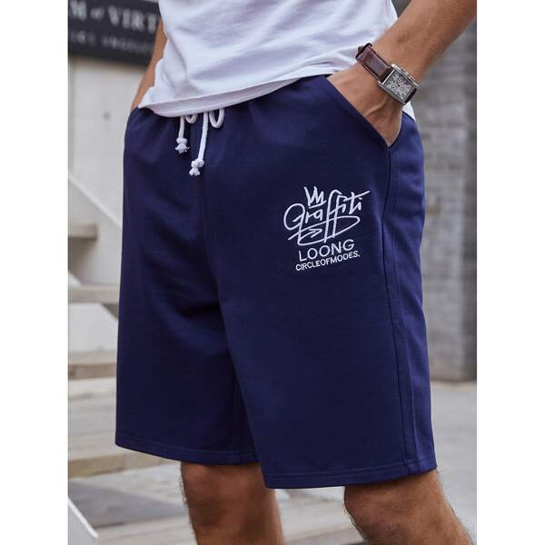 

Men Letter Embroidery Drawstring Waist Shorts, Navy blue