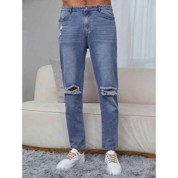 

Men Ripped Straight Leg Jeans, Medium wash